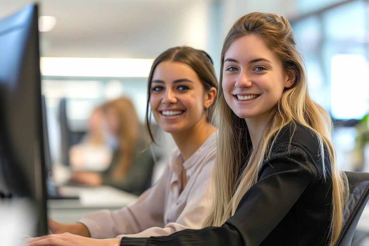 Extra-salary benefits - two female employees sitting at the office smiling