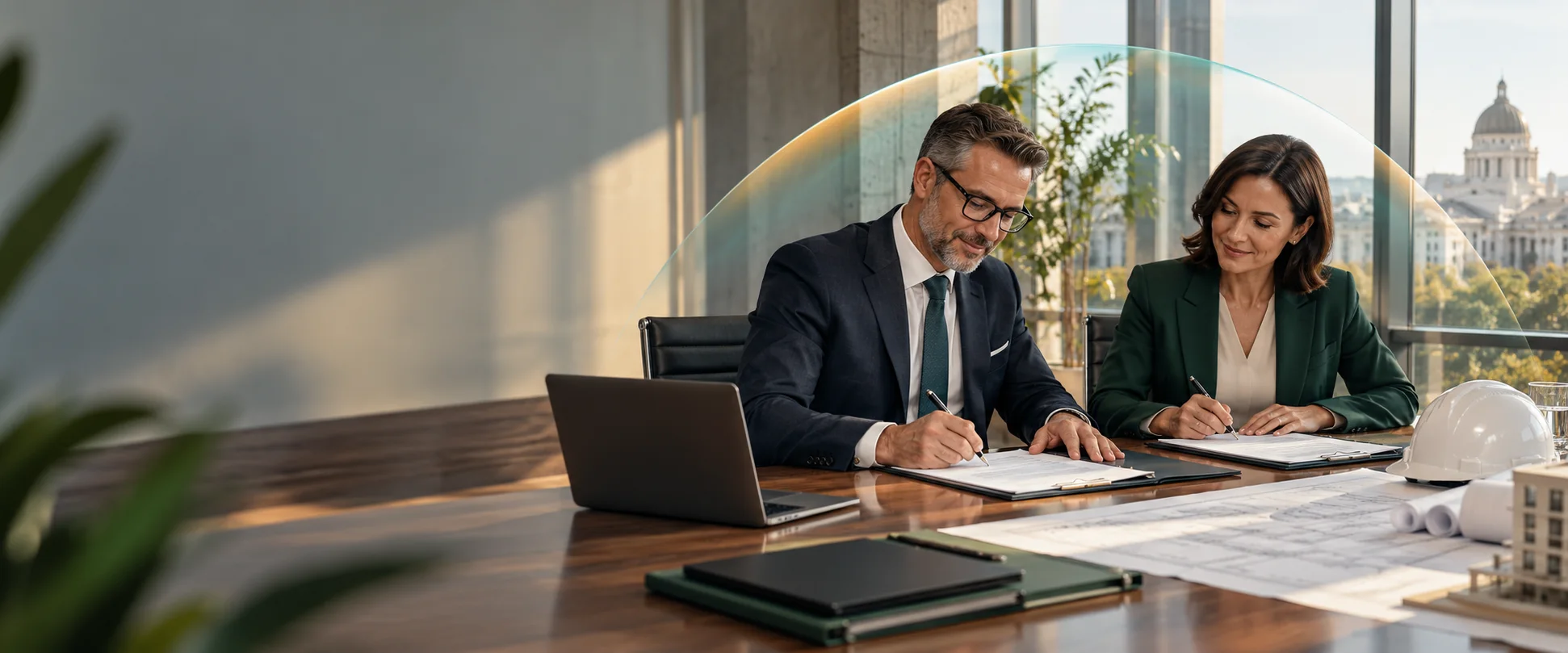 Business partners signing a commercial agreement protected by contractual guarantee insurance
