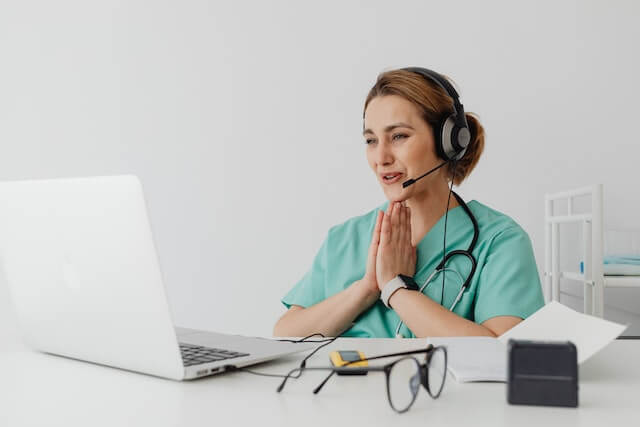 1. telemedicine - doctor, laptop, headphones, glasses