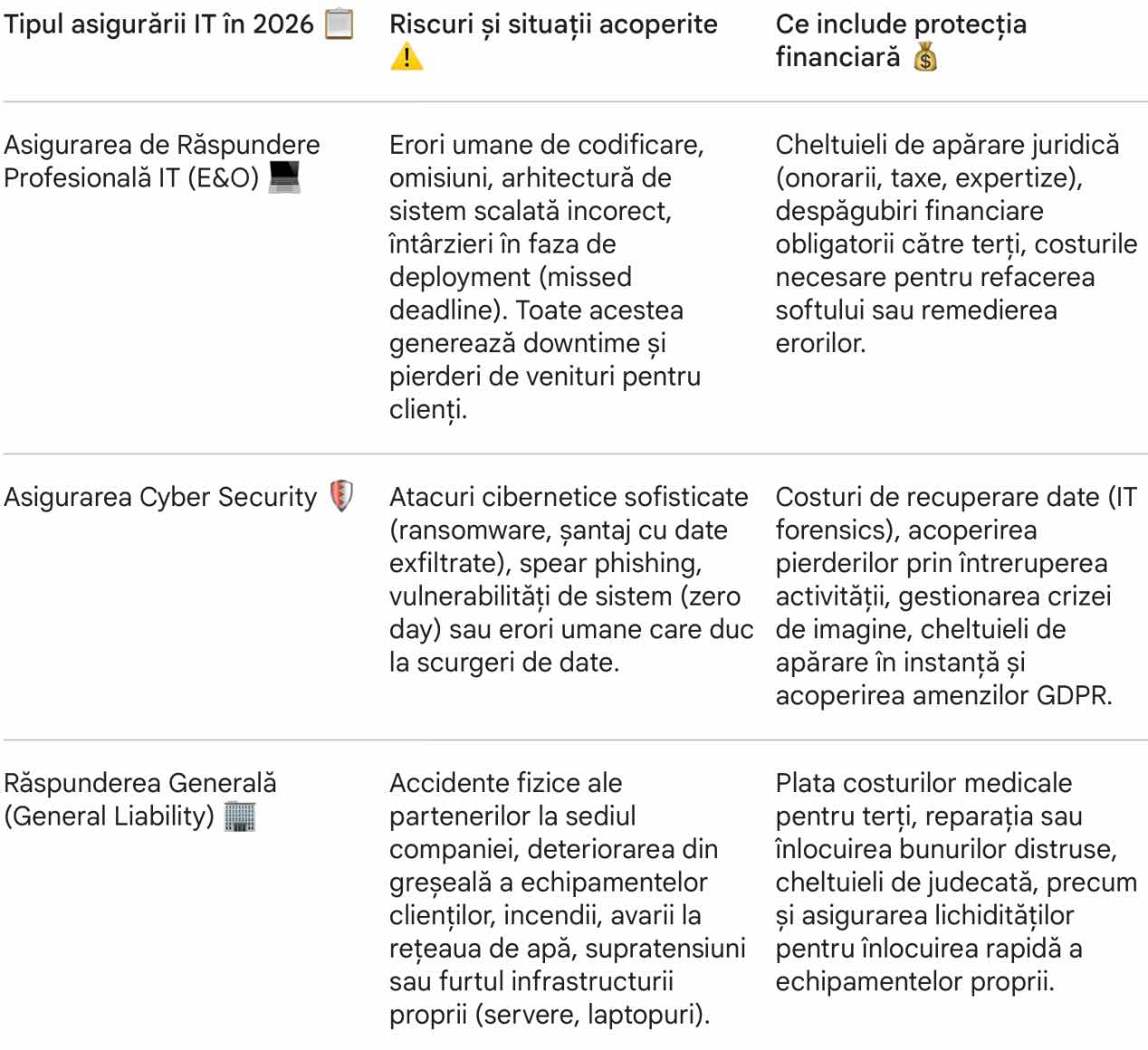 5. tabel cu tipuri de asigurari, riscuri si protectia oferita de o asigurare IT in 2026