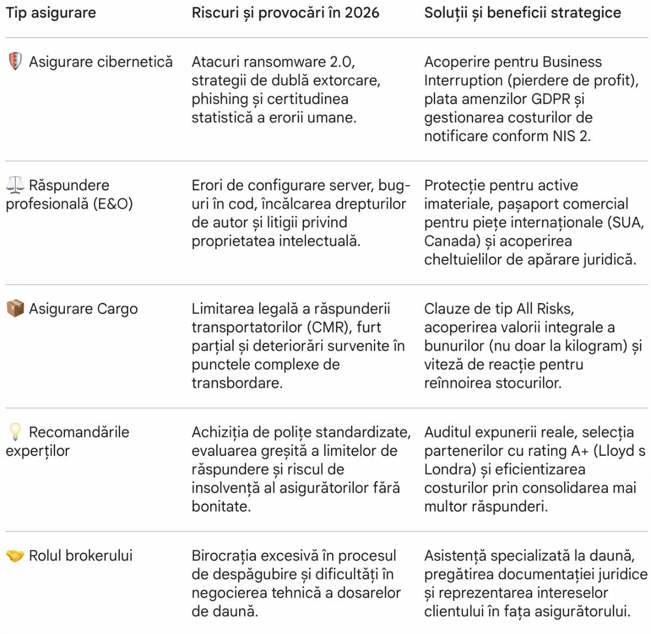 tabel cu recomandari de asigurari pentru business-urile online din 2026